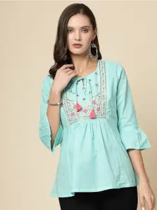 all about you Ethnic Embroidered Tie-Up Neck Bell Sleeves Gathered Cotton Casual Top