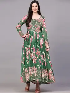 KALINI Floral Printed Embellished Pleated Georgette Fit & Flare Maxi Ethnic Dress
