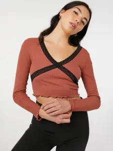 Ardene Lace Up Detailed V-Neck Long Sleeves Crop Top
