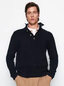 Trendyol Geometric Self Design Mock Collar Cardigan Sweater