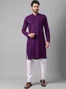 Sangria Purple Ethnic Motifs Embroidered Sequinned Cotton Silk Straight Kurta