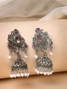 ADIVA Silver-Plated Peacock Shaped Oxidized Jhumkas Earrings