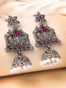 ADIVA Silver-Plated Peacock Shaped Stone Studded & Beaded Jhumkas