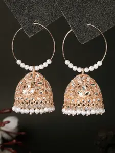 ADIVA Rose Gold-Plated Kundan-Studded & Pearls Jhumkas