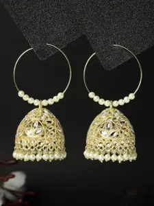 ADIVA Gold-Plated Kundan-Studded & Pearl Beaded Dome Shaped Jhumkas