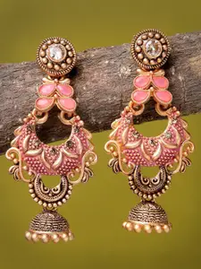 ADIVA Gold-Plated Stone-Studded Antique Crescent Shaped Drop Earrings