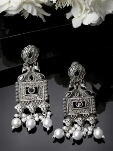 ADIVA Silver-Plated Pearl & Stone-Studded Oxidised Peacock Shaped Drop Earrings