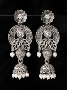 ADIVA Oxidised Silver-Plated Stone-Studded & Pearls Floral Shaped Jhumka