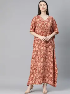 Cottinfab Floral Print Kimono Sleeve Crepe Kaftan Maxi Dress