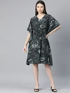 Cottinfab Floral Print Kimono Sleeve Crepe Kaftan Dress