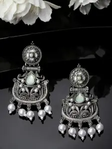 ADIVA Oxidised Silver-Plated Stone-Studded & Pearls Peacock Shaped Drop Earrings