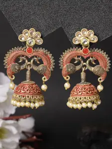 ADIVA Gold-Plated Kundan-Studded Peacock Shaped Jhumkas