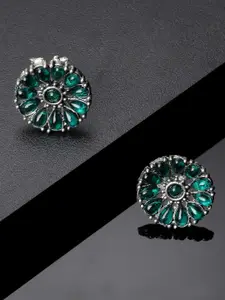 ADIVA Silver-Plated Oxidised Floral Studs Earrings