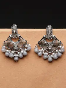 ADIVA Silver-Plated Pearl & Stone Studded Oxidised Drop Earrings