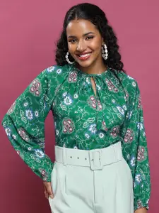 Tokyo Talkies Green & White Floral Printed Tie-Up Neck Extended Sleeves Top