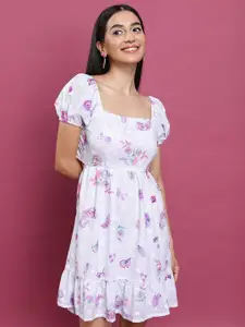 Vishudh White Floral Printed Square Neck Puff Sleeve Gathered or Pleated A-Line Dress