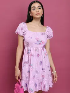 Vishudh Floral Embroidered Square Neck Puff Sleeves A-Line Above Knee Dress