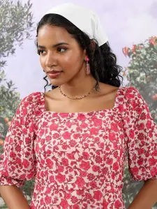 KETCH Floral Printed Square Neck Puffed Sleeves A-Line Dress