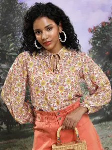 KETCH Floral Printed Tie-Up Neck Puff Sleeves Casual Shirt