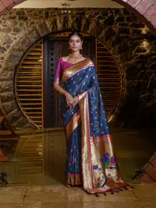 VISHNU WEAVES Floral Woven Design Zari Pure Silk Paithani Saree