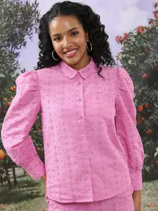 Tokyo Talkies Floral Design Puff Sleeves Schiffli Casual Shirt