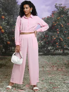 Tokyo Talkies Shirt Collar Crop Top with Trouser