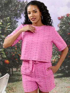 Tokyo Talkies Self-Design Boxy Top With Pleated Belted Shorts