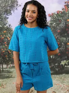 Tokyo Talkies Schiffli Boxy Top with Pleated Belted Shorts