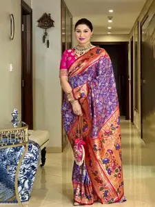 VISHNU WEAVES Purple & Red Woven Design Zari Pure Silk Patola Saree