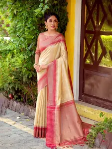 VISHNU WEAVES Beige & Red Woven Design Zari Silk Blend Saree