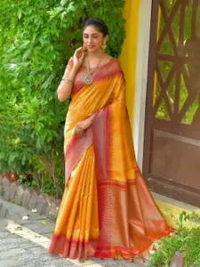 VISHNU WEAVES Yellow & Red Woven Design Zari Silk Blend Saree