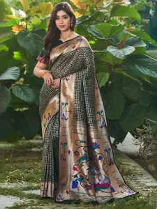 VISHNU WEAVES Geometric Woven Design Zari Pure Silk Paithani Saree