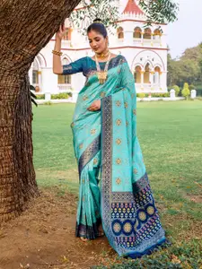 VISHNU WEAVES Turquoise Blue & Gold-Toned Woven Design Zari Pure Silk Patola Saree