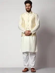 MAG Mandarin Collar Regular Kurta with Pyjamas & Woven Design Nehru Jacket