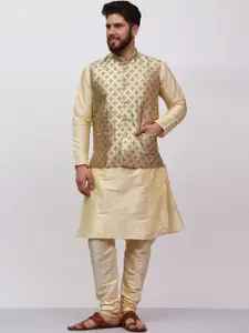 MAG Mandarin Collar Regular Dupion Silk Kurta with Churidar & Nehru jacket