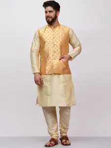 MAG Mandarin Collar Regular Dupion Silk Kurta with Churidar & Woven Design Nehru Jacket
