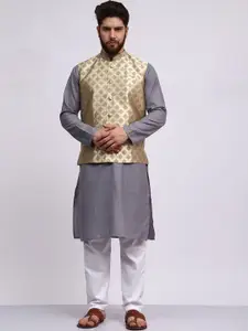 MAG Mandarin Collar Regular Kurta with Pyjamas & Woven Design Nehru Jacket