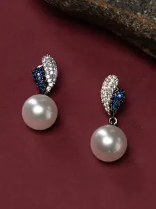 justpeachy Rhodium-Plated Stone-Studded Drop Earrings