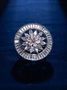 justpeachy Rhodium Plated American Diamond Studded Adjustable Finger Ring