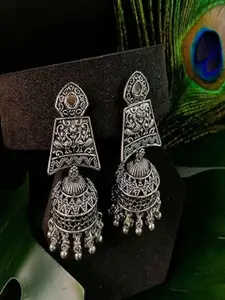 I Jewels Silver-Plated Dome Shaped Oxidised Jhumkas