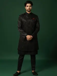 KISAH Men Block Printed Self Design Cotton Kurta & Sherwani with Trousers Set