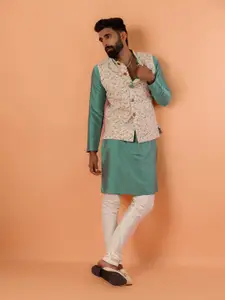 KISAH Men Mandarin Collar Regular Pure Cotton Kurta with Churidar & Printed Nehru jacket