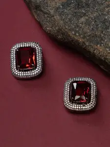 justpeachy Rhodium-Plated American Diamond-Studded Square Studs Earrings