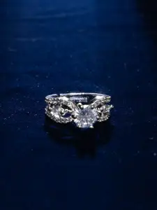 justpeachy Rhodium-Plated American Diamond Studded Finger Ring
