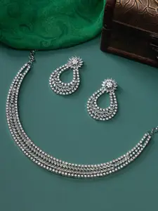 justpeachy Rhodium-Plated American Diamond-Studded Necklace & Earrings