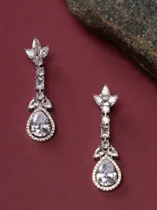 justpeachy Rhodium-Plated American Diamond-Studded Teardrop Shaped Drop Earrings