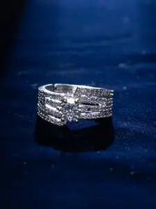 justpeachy Rhodium-Plated American Diamond Studded Finger Ring