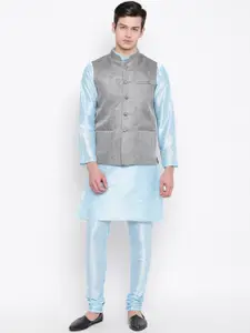 MAG Mandarin Collar Regular Dupion Silk Kurta with Churidar & Nehru Jacket