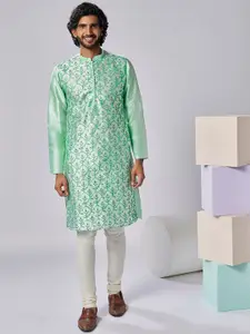 KISAH Floral Embroidered Straight Kurta With Churidar Set