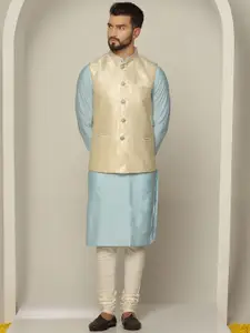 KISAH Men Blue Regular Kurta With Churidar & Jacquard Nehru Jacket Set